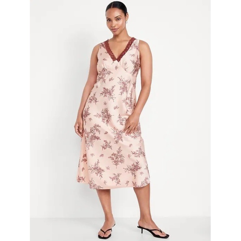 NWT Old Navy Womens Lace-Trim Satin Midi Dress Pink Floral Size XXL Romantic 90s